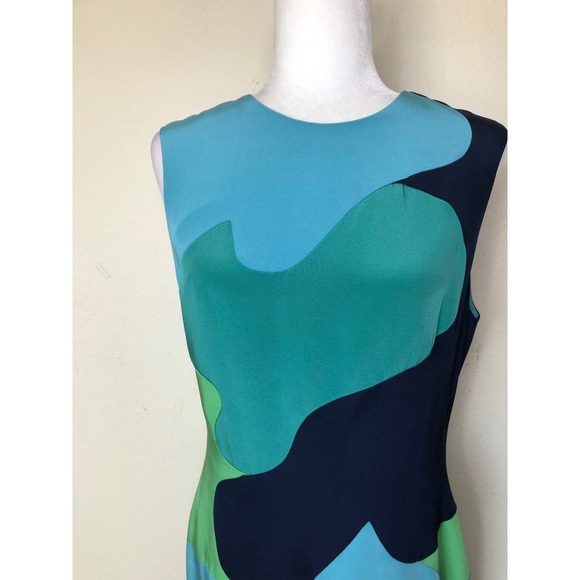 Lela Rose Silk Dress Size 10 Sleeveless Sheath Blue Green Abstract Cocktail - Picture 9 of 16